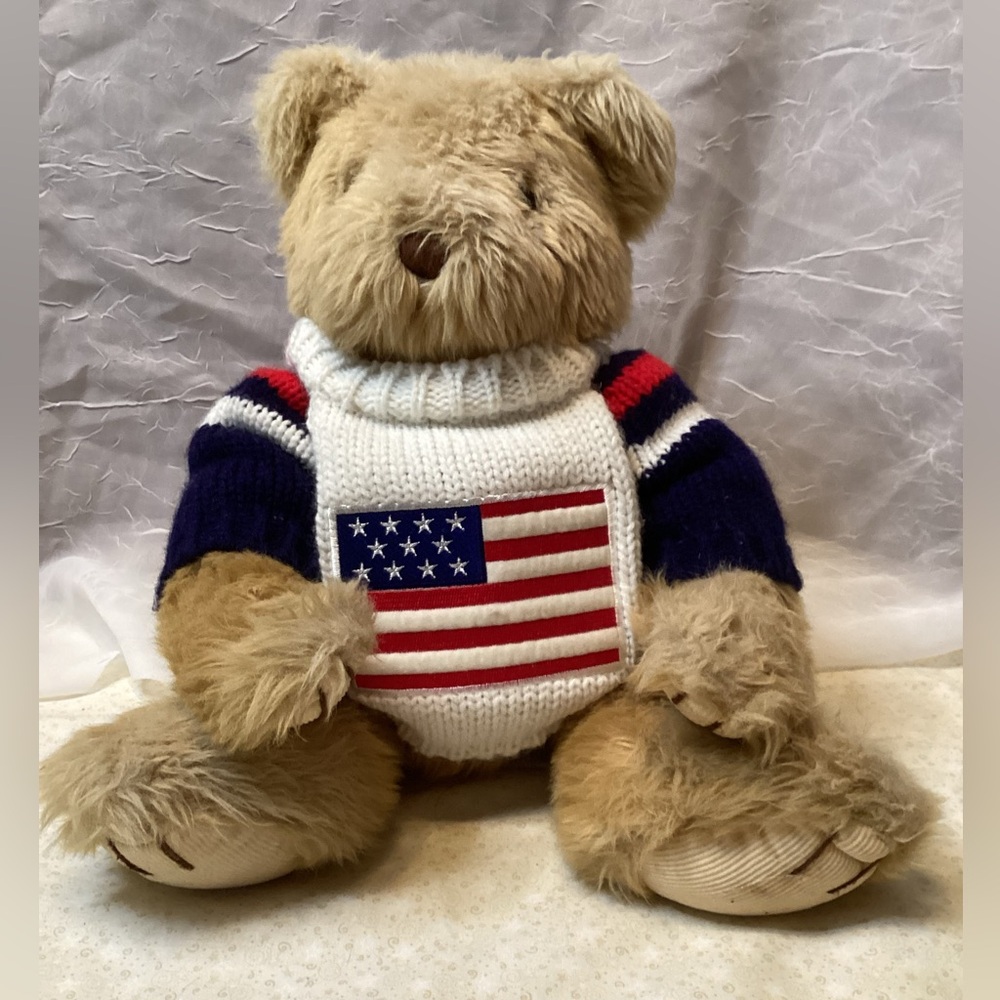 Russ Berrie Yankee Doodle Teddy Bear with American Flag Sweater 15"